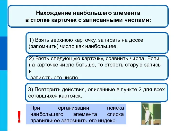 1) Взять верхнюю карточку, записать на доске (запомнить) число как