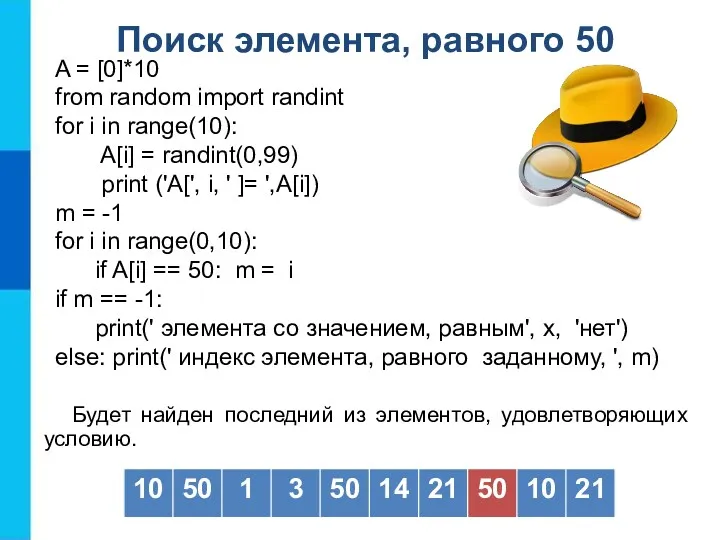 Поиск элемента, равного 50 Будет найден последний из элементов, удовлетворяющих