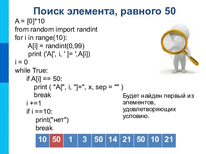 Поиск элемента, равного 50 A = [0]*10 from random import