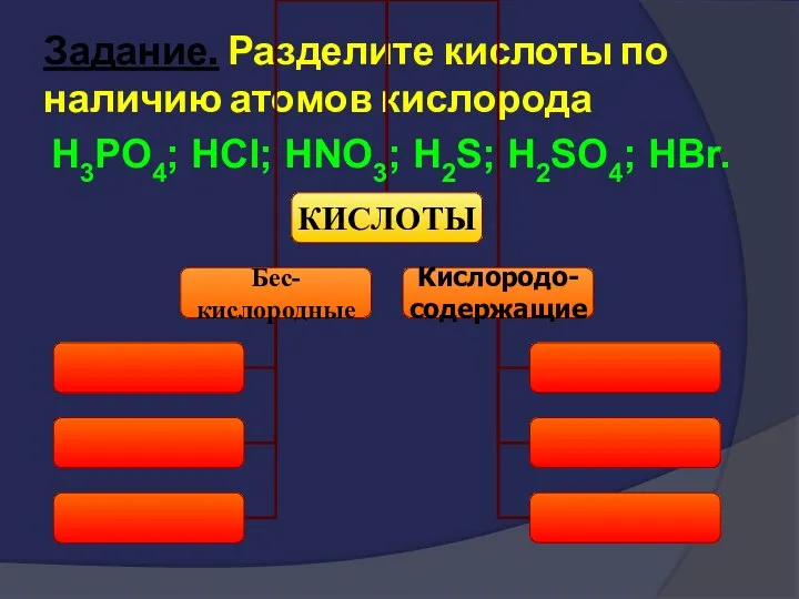 Задание. Разделите кислоты по наличию атомов кислорода H3PO4; HCl; HNO3; H2S; H2SO4; HBr.