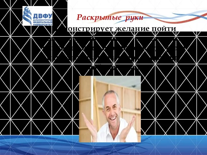 Раскрытые руки Демонстрирует желание пойти навстречу собеседнику и установить контакт