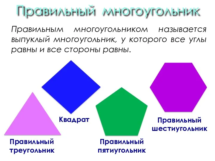 Правильный многоугольник Правильный треугольник Квадрат Правильный пятиугольник Правильный шестиугольник Правильным