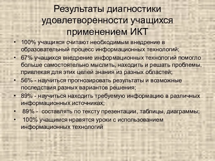 Результаты диагностики удовлетворенности учащихся применением ИКТ 100% учащихся считают необходимым