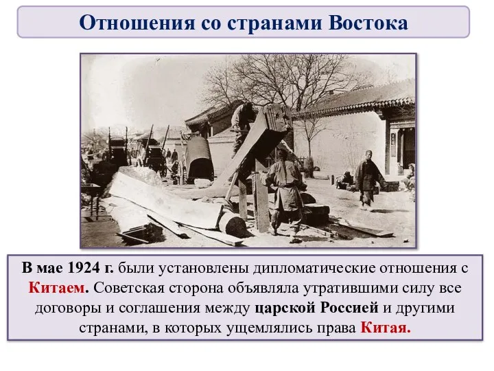 В мае 1924 г. были установлены дипломатические отношения с Китаем.