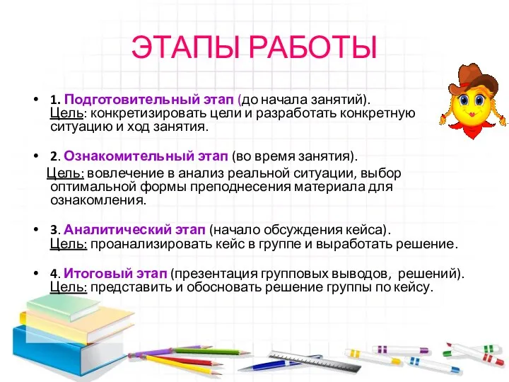 ЭТАПЫ РАБОТЫ 1. Подготовительный этап (до начала занятий). Цель: конкретизировать