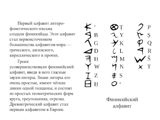 Первый алфавит литеро-фонетического письма создали финикийцы. Этот алфавит стал первоисточником