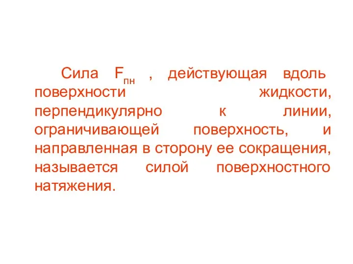 Сила Fпн , действующая вдоль поверхности жидкости, перпендикулярно к линии,