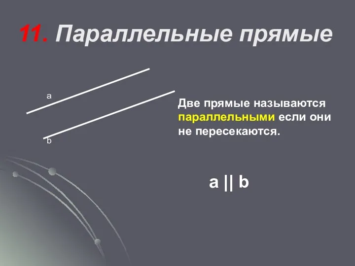 11. Параллельные прямые а b Две прямые называются параллельными если они не пересекаются. а || b