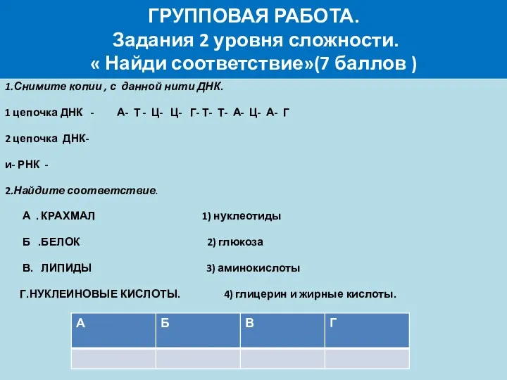 ГРУППОВАЯ РАБОТА. Задания 2 уровня сложности. « Найди соответствие»(7 баллов