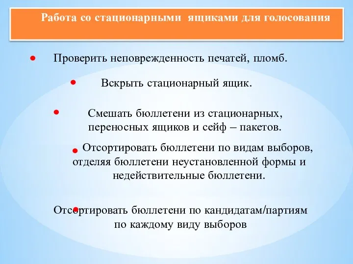 Проверить неповрежденность печатей, пломб. Вскрыть стационарный ящик. Смешать бюллетени из