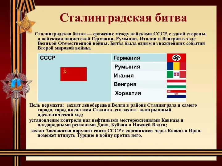 Сталинградская битва Сталинградская битва — сражение между войсками СССР, с одной стороны, и