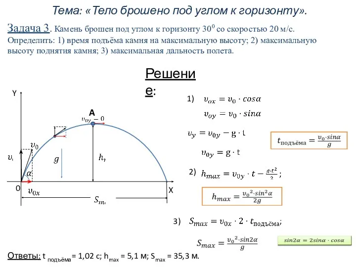 Тема: «Тело брошено под углом к горизонту». Задача 3. Камень