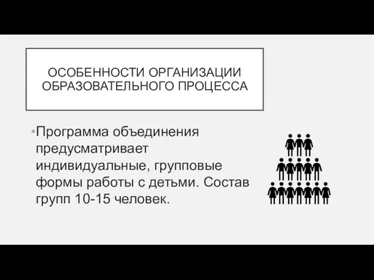 ОСОБЕННОСТИ ОРГАНИЗАЦИИ ОБРАЗОВАТЕЛЬНОГО ПРОЦЕССА Программа объединения предусматривает индивидуальные, групповые формы