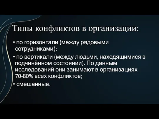 Типы конфликтов в организации: по горизонтали (между рядовыми сотрудниками); по