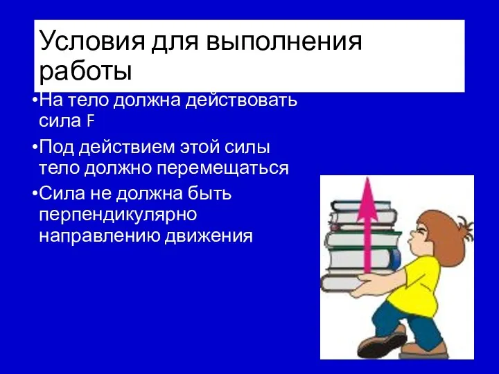 Условия для выполнения работы На тело должна действовать сила F