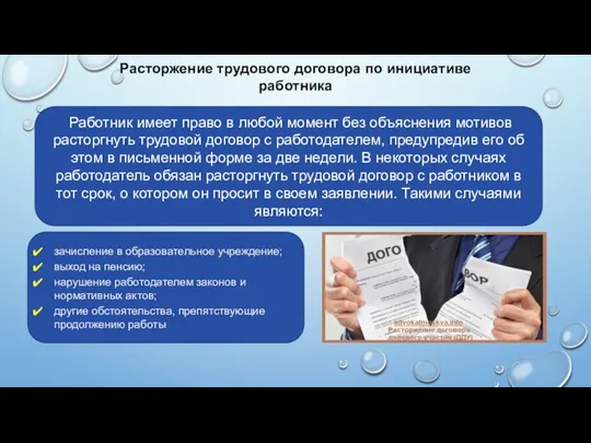 Расторжение трудового договора по инициативе работника Работник имеет право в