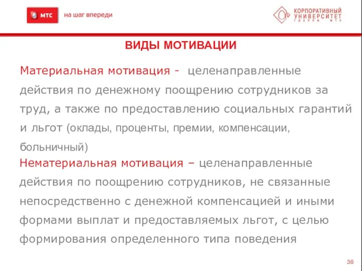 ВИДЫ МОТИВАЦИИ Нематериальная мотивация – целенаправленные действия по поощрению сотрудников,