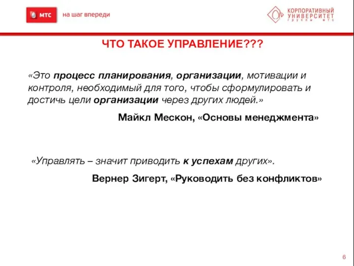 ЧТО ТАКОЕ УПРАВЛЕНИЕ??? «Это процесс планирования, организации, мотивации и контроля,