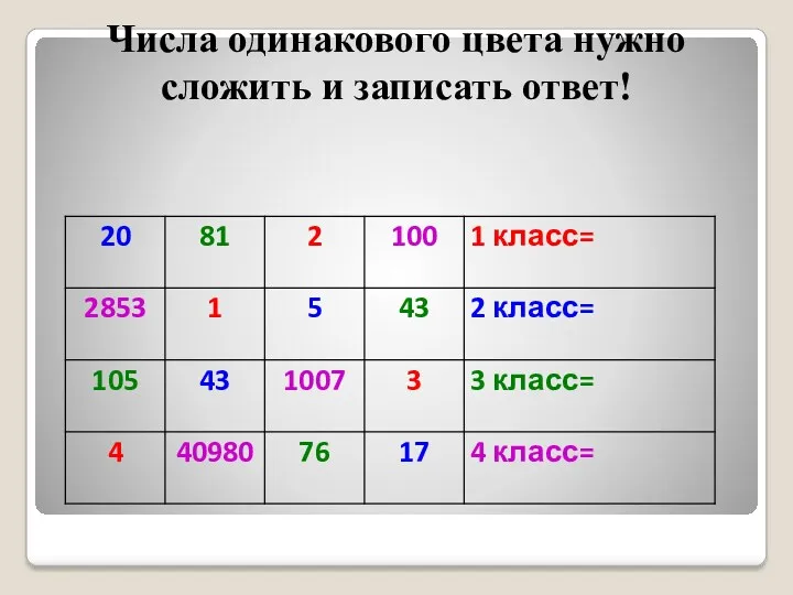 Числа одинакового цвета нужно сложить и записать ответ!