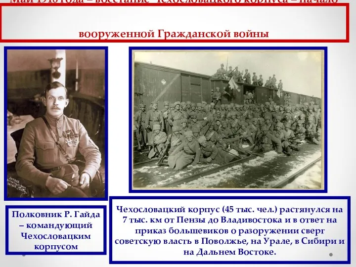 Май 1918 года – восстание Чехословацкого корпуса – начало вооруженной Гражданской войны Полковник