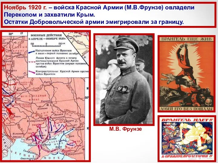 М.В. Фрунзе Ноябрь 1920 г. – войска Красной Армии (М.В.Фрунзе) овладели Перекопом и