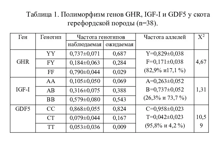 Таблица 1. Полиморфизм генов GHR, IGF-I и GDF5 у скота герефордской породы (n=38).