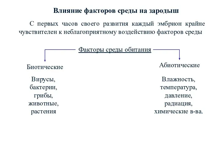 Влияние факторов среды на зародыш Факторы среды обитания Биотические Абиотические