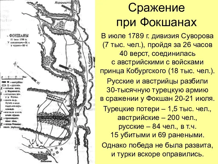 Сражение при Фокшанах В июле 1789 г. дивизия Суворова (7 тыс. чел.), пройдя