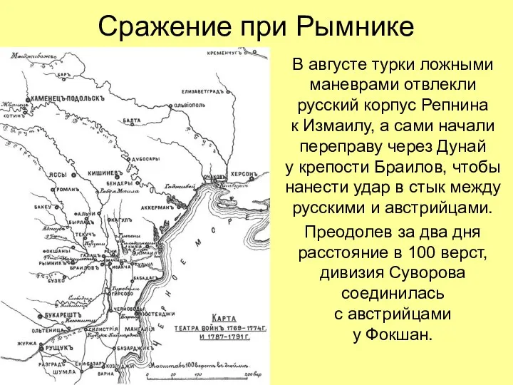 Сражение при Рымнике В августе турки ложными маневрами отвлекли русский корпус Репнина к
