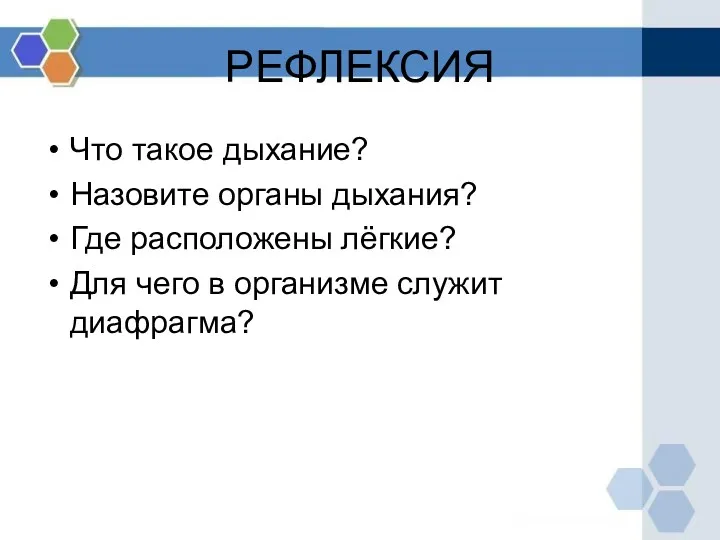 РЕФЛЕКСИЯ Что такое дыхание? Назовите органы дыхания? Где расположены лёгкие? Для чего в организме служит диафрагма?