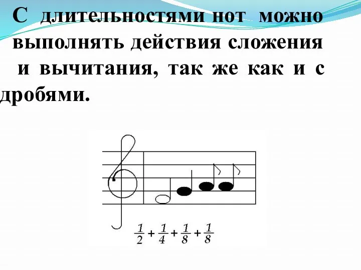 С длительностями нот можно выполнять действия сложения и вычитания, так же как и с дробями.