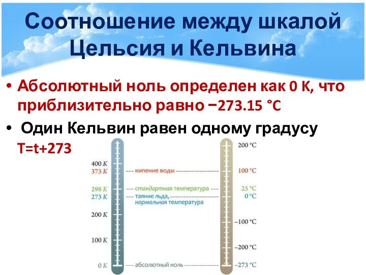 Соотношение между шкалой Цельсия и Кельвина Абсолютный ноль определен как