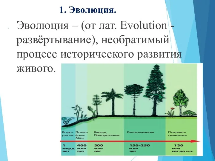 1. Эволюция. Эволюция – (от лат. Evolution - развёртывание), необратимый процесс исторического развития живого.