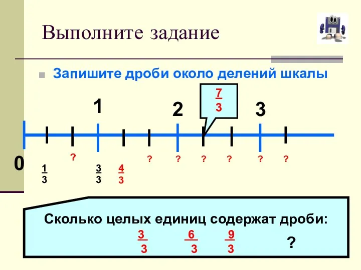 Выполните задание Запишите дроби около делений шкалы 0 1 2