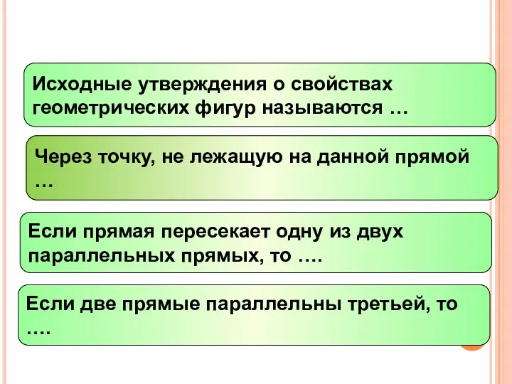 Закончи предложение: Исходные утверждения о свойствах геометрических фигур называются …