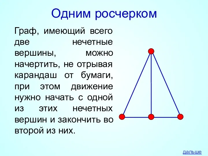 Одним росчерком Граф, имеющий всего две нечетные вершины, можно начертить,