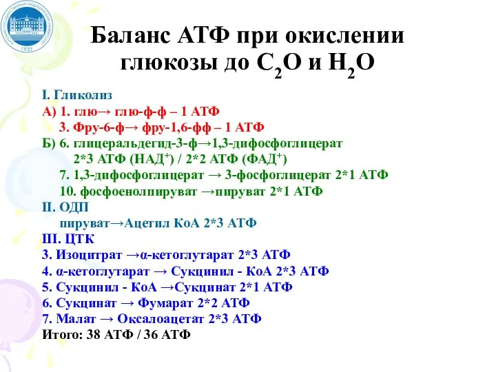 Баланс АТФ при окислении глюкозы до С2О и Н2О I.