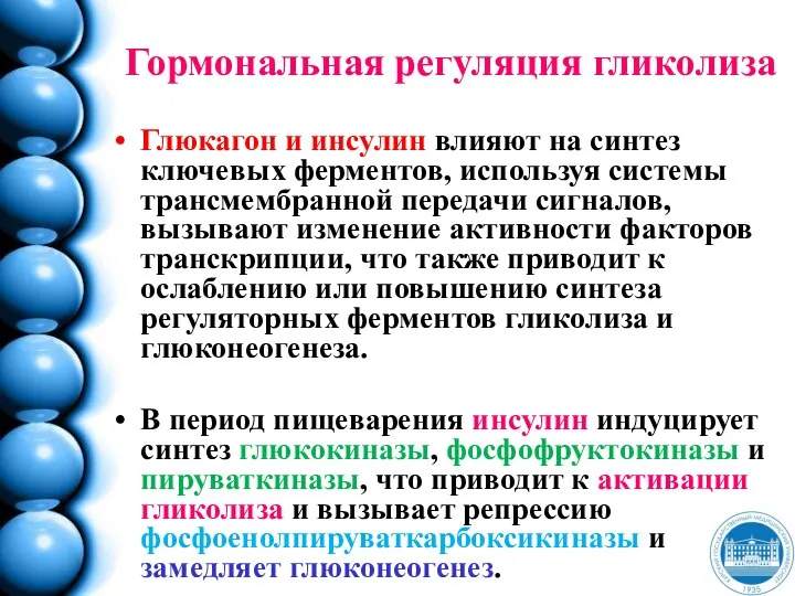 Гормональная регуляция гликолиза Глюкагон и инсулин влияют на синтез ключевых