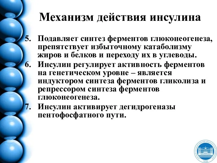 Механизм действия инсулина Подавляет синтез ферментов глюконеогенеза, препятствует избыточному катаболизму