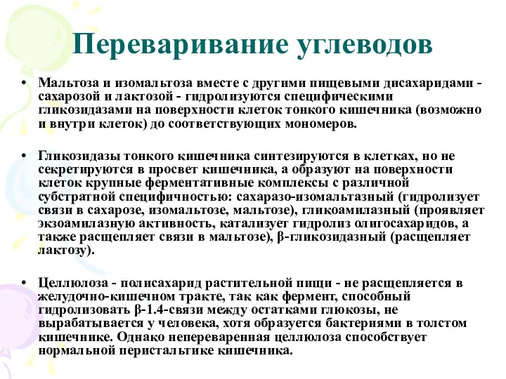 Переваривание углеводов Мальтоза и изомальтоза вместе с другими пищевыми дисахаридами