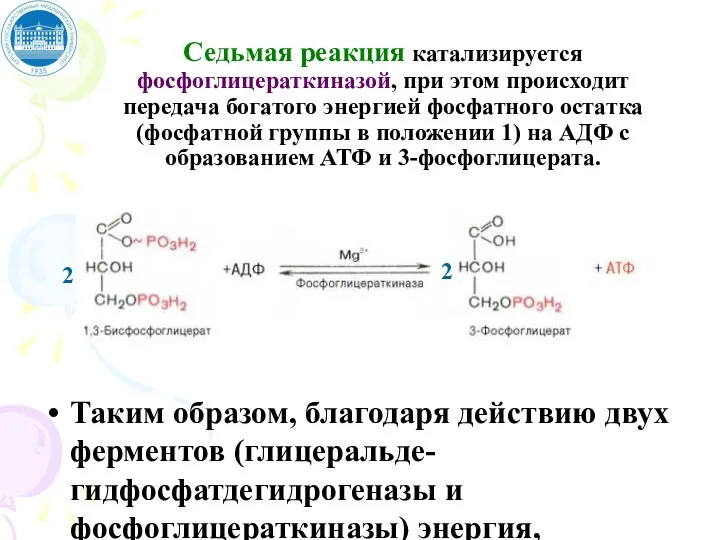 Седьмая реакция катализируется фосфоглицераткиназой, при этом происходит передача богатого энергией