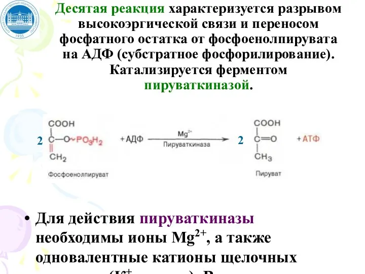 Десятая реакция характеризуется разрывом высокоэргической связи и переносом фосфатного остатка