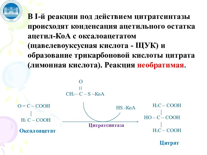 В I-й реакции под действием цитратсинтазы происходят конденсация ацетильного остатка