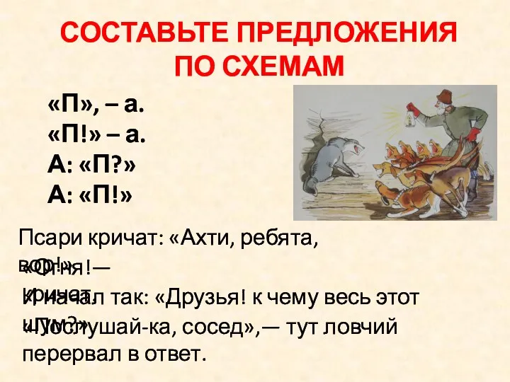 СОСТАВЬТЕ ПРЕДЛОЖЕНИЯ ПО СХЕМАМ Псари кричат: «Ахти, ребята, вор!» «Огня!—