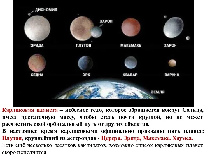 Карликовая планета – небесное тело, которое обращается вокруг Солнца, имеет достаточную массу, чтобы