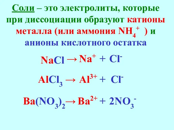 Соли – это электролиты, которые при диссоциации образуют катионы металла