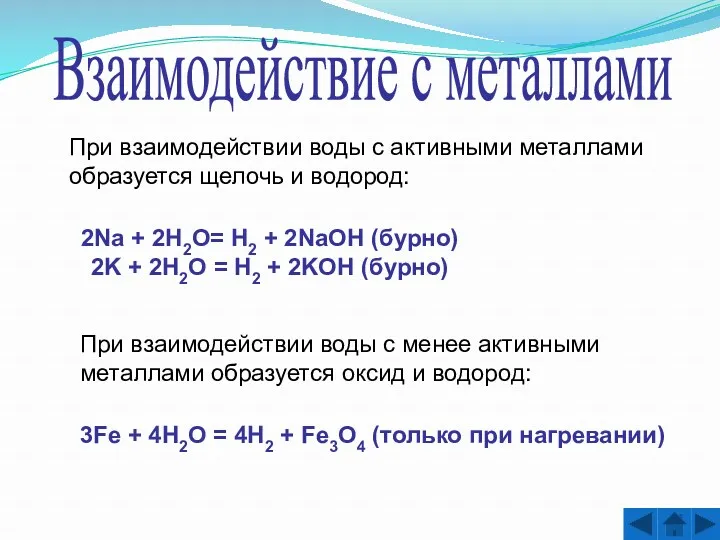 Взаимодействие с металлами При взаимодействии воды с активными металлами образуется