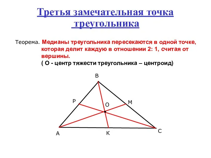 Третья замечательная точка треугольника Теорема. Медианы треугольника пересекаются в одной