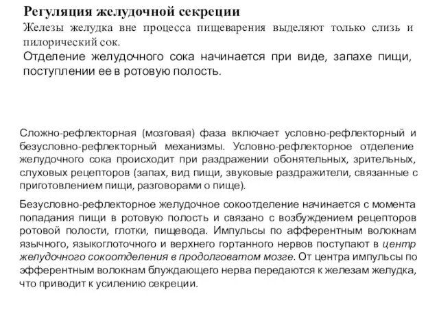 Регуляция желудочной секреции Железы желудка вне процесса пищеварения выделяют только