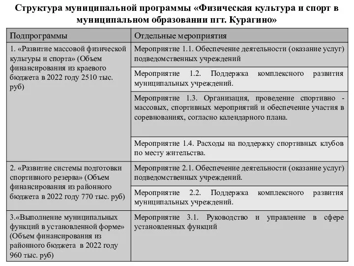 Структура муниципальной программы «Физическая культура и спорт в муниципальном образовании пгт. Курагино»